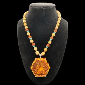 Artisan Laughing Buddha Brown Turquoise Beaded Necklace 10.5” drop